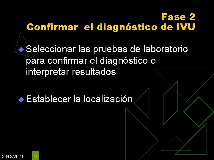 Fase 2 Confirmar el diagnóstico de IVU u Seleccionar las pruebas de laboratorio para Fase 2 Confirmar el diagnóstico de IVU u Seleccionar las pruebas de laboratorio para