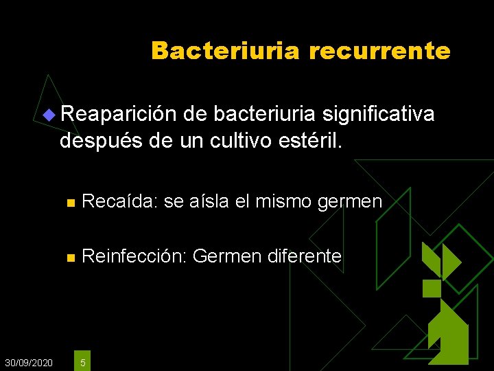 Bacteriuria recurrente u Reaparición de bacteriuria significativa después de un cultivo estéril. 30/09/2020 n Bacteriuria recurrente u Reaparición de bacteriuria significativa después de un cultivo estéril. 30/09/2020 n