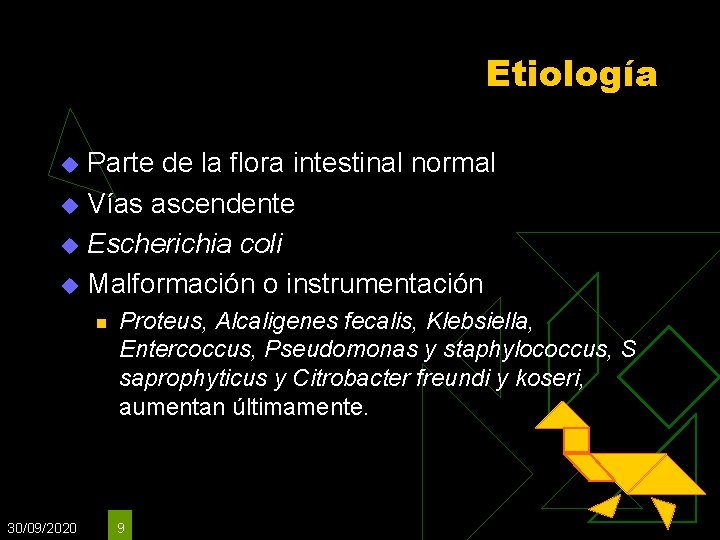 Etiología Parte de la flora intestinal normal u Vías ascendente u Escherichia coli u Etiología Parte de la flora intestinal normal u Vías ascendente u Escherichia coli u