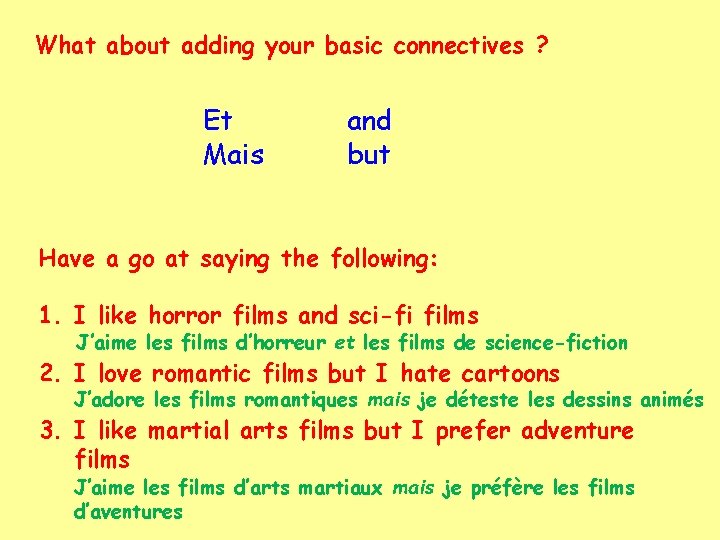 What about adding your basic connectives ? Et Mais and but Have a go