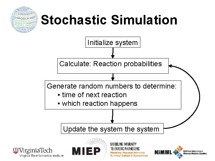 Stochastic Simulation Initialize system Calculate: Reaction probabilities Generate random numbers to determine: • time