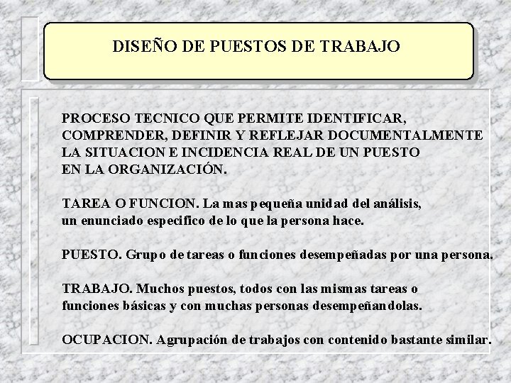 DISEÑO DE PUESTOS DE TRABAJO PROCESO TECNICO QUE PERMITE IDENTIFICAR, COMPRENDER, DEFINIR Y REFLEJAR DISEÑO DE PUESTOS DE TRABAJO PROCESO TECNICO QUE PERMITE IDENTIFICAR, COMPRENDER, DEFINIR Y REFLEJAR