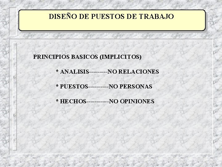 DISEÑO DE PUESTOS DE TRABAJO PRINCIPIOS BASICOS (IMPLICITOS) * ANALISIS-----NO RELACIONES * PUESTOS-----NO PERSONAS DISEÑO DE PUESTOS DE TRABAJO PRINCIPIOS BASICOS (IMPLICITOS) * ANALISIS-----NO RELACIONES * PUESTOS-----NO PERSONAS