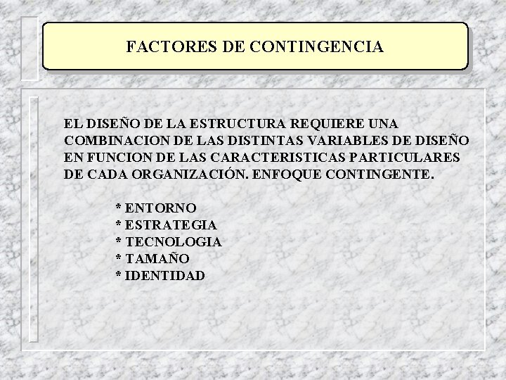 FACTORES DE CONTINGENCIA EL DISEÑO DE LA ESTRUCTURA REQUIERE UNA COMBINACION DE LAS DISTINTAS FACTORES DE CONTINGENCIA EL DISEÑO DE LA ESTRUCTURA REQUIERE UNA COMBINACION DE LAS DISTINTAS