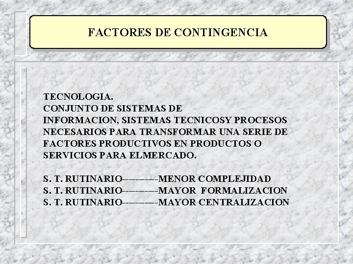 FACTORES DE CONTINGENCIA TECNOLOGIA. CONJUNTO DE SISTEMAS DE INFORMACION, SISTEMAS TECNICOSY PROCESOS NECESARIOS PARA FACTORES DE CONTINGENCIA TECNOLOGIA. CONJUNTO DE SISTEMAS DE INFORMACION, SISTEMAS TECNICOSY PROCESOS NECESARIOS PARA
