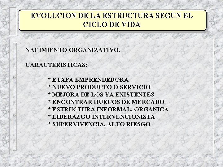 EVOLUCION DE LA ESTRUCTURA SEGÚN EL CICLO DE VIDA NACIMIENTO ORGANIZATIVO. CARACTERISTICAS: * ETAPA EVOLUCION DE LA ESTRUCTURA SEGÚN EL CICLO DE VIDA NACIMIENTO ORGANIZATIVO. CARACTERISTICAS: * ETAPA