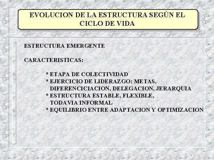 EVOLUCION DE LA ESTRUCTURA SEGÚN EL CICLO DE VIDA ESTRUCTURA EMERGENTE CARACTERISTICAS: * ETAPA EVOLUCION DE LA ESTRUCTURA SEGÚN EL CICLO DE VIDA ESTRUCTURA EMERGENTE CARACTERISTICAS: * ETAPA