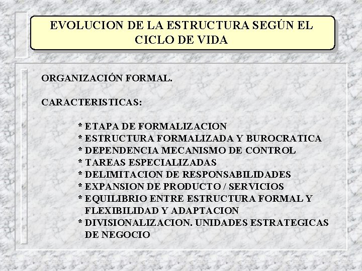 EVOLUCION DE LA ESTRUCTURA SEGÚN EL CICLO DE VIDA ORGANIZACIÓN FORMAL. CARACTERISTICAS: * ETAPA EVOLUCION DE LA ESTRUCTURA SEGÚN EL CICLO DE VIDA ORGANIZACIÓN FORMAL. CARACTERISTICAS: * ETAPA