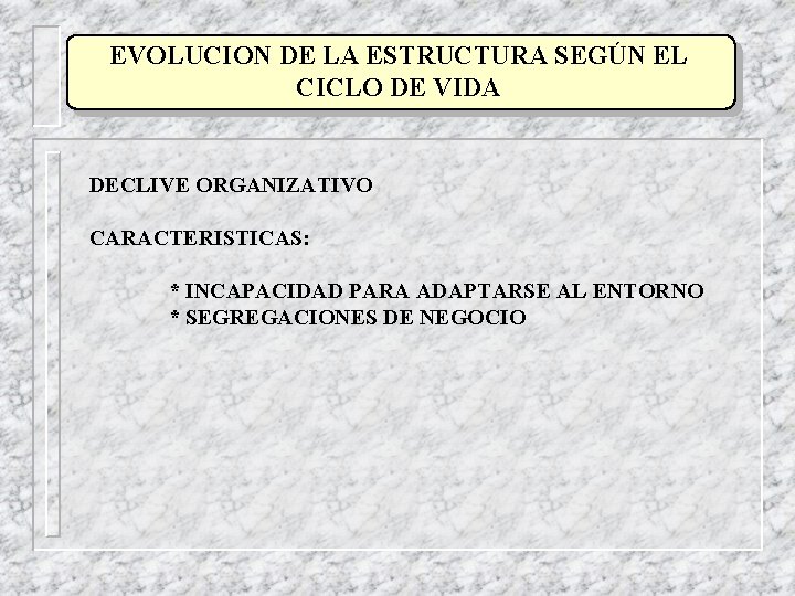 EVOLUCION DE LA ESTRUCTURA SEGÚN EL CICLO DE VIDA DECLIVE ORGANIZATIVO CARACTERISTICAS: * INCAPACIDAD EVOLUCION DE LA ESTRUCTURA SEGÚN EL CICLO DE VIDA DECLIVE ORGANIZATIVO CARACTERISTICAS: * INCAPACIDAD