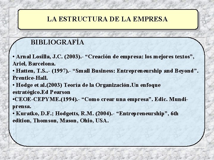 LA ESTRUCTURA DE LA EMPRESA BIBLIOGRAFÍA • Arnal Losilla, J. C. (2003). - “Creación LA ESTRUCTURA DE LA EMPRESA BIBLIOGRAFÍA • Arnal Losilla, J. C. (2003). - “Creación
