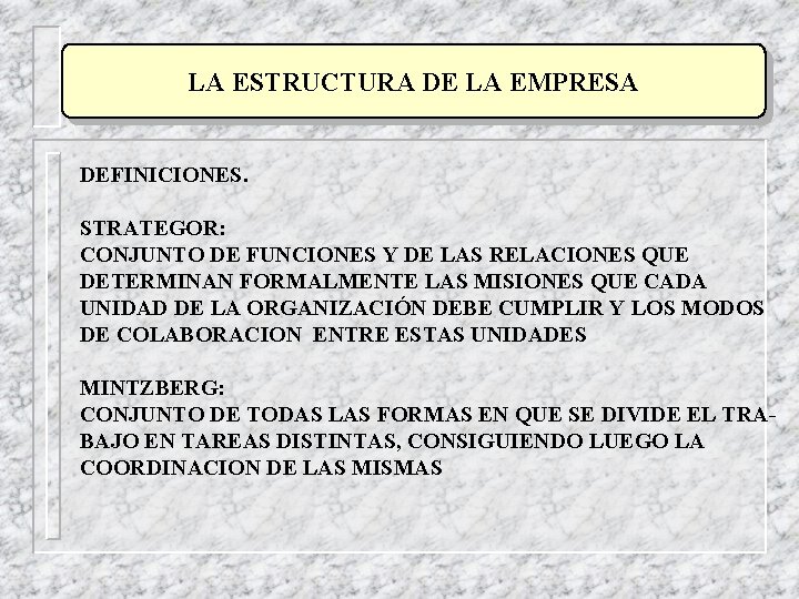 LA ESTRUCTURA DE LA EMPRESA DEFINICIONES. STRATEGOR: CONJUNTO DE FUNCIONES Y DE LAS RELACIONES LA ESTRUCTURA DE LA EMPRESA DEFINICIONES. STRATEGOR: CONJUNTO DE FUNCIONES Y DE LAS RELACIONES