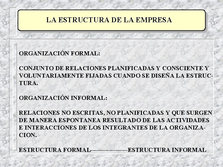 LA ESTRUCTURA DE LA EMPRESA ORGANIZACIÓN FORMAL: CONJUNTO DE RELACIONES PLANIFICADAS Y CONSCIENTE Y LA ESTRUCTURA DE LA EMPRESA ORGANIZACIÓN FORMAL: CONJUNTO DE RELACIONES PLANIFICADAS Y CONSCIENTE Y