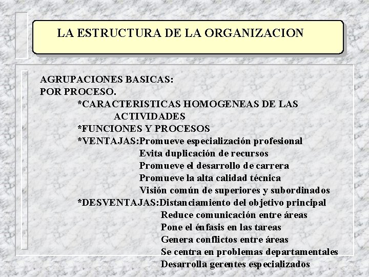 LA ESTRUCTURA DE LA ORGANIZACION AGRUPACIONES BASICAS: POR PROCESO. *CARACTERISTICAS HOMOGENEAS DE LAS ACTIVIDADES LA ESTRUCTURA DE LA ORGANIZACION AGRUPACIONES BASICAS: POR PROCESO. *CARACTERISTICAS HOMOGENEAS DE LAS ACTIVIDADES