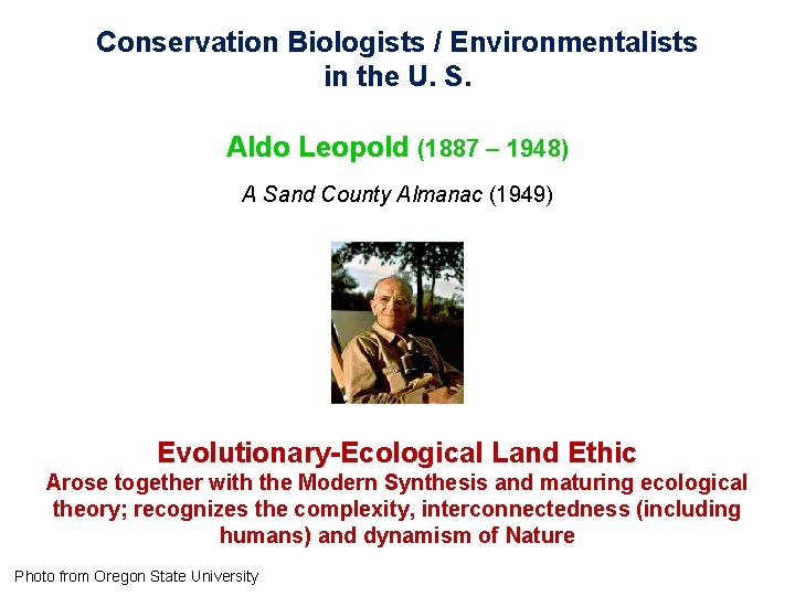 Conservation Biologists / Environmentalists in the U. S. Aldo Leopold (1887 – 1948) A