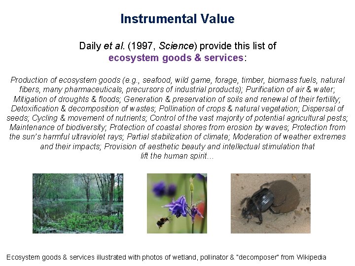 Instrumental Value Daily et al. (1997, Science) provide this list of ecosystem goods &