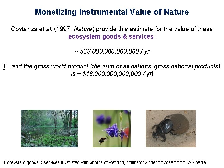 Monetizing Instrumental Value of Nature Costanza et al. (1997, Nature) provide this estimate for