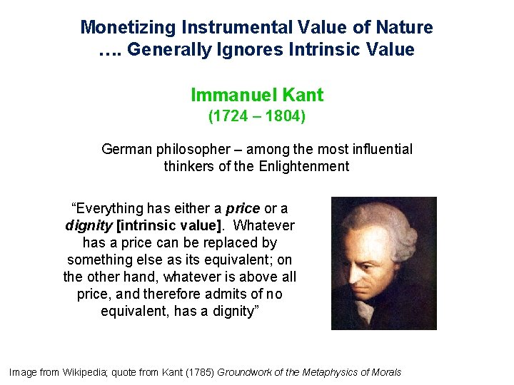 Monetizing Instrumental Value of Nature …. Generally Ignores Intrinsic Value Immanuel Kant (1724 –