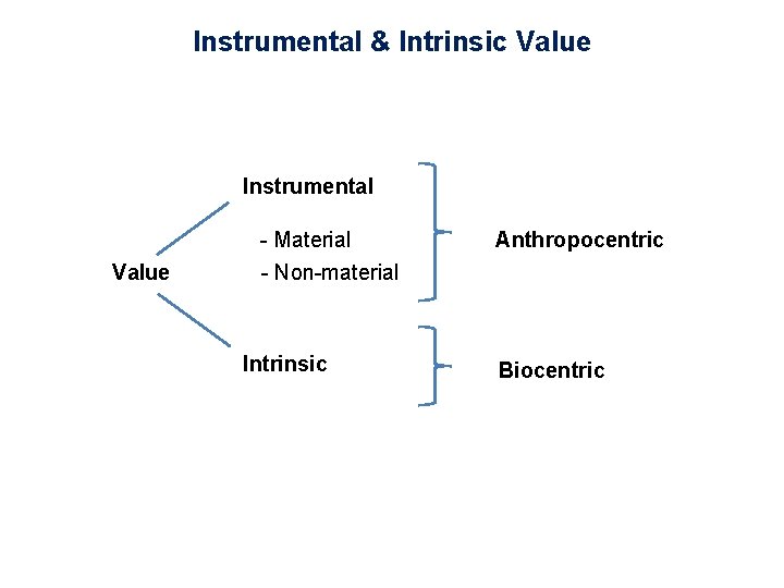 Instrumental & Intrinsic Value Instrumental Value - Material - Non-material Intrinsic Anthropocentric Biocentric 
