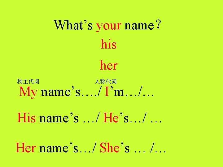 What’s your name？ his her 物主代词 人称代词 My name’s…. / I’m…/… His name’s …/