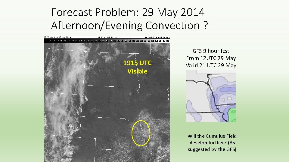 Forecast Problem: 29 May 2014 Afternoon/Evening Convection ? 1915 UTC Visible GFS 9 hour Forecast Problem: 29 May 2014 Afternoon/Evening Convection ? 1915 UTC Visible GFS 9 hour