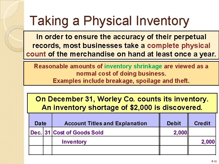 Taking a Physical Inventory In order to ensure the accuracy of their perpetual records,