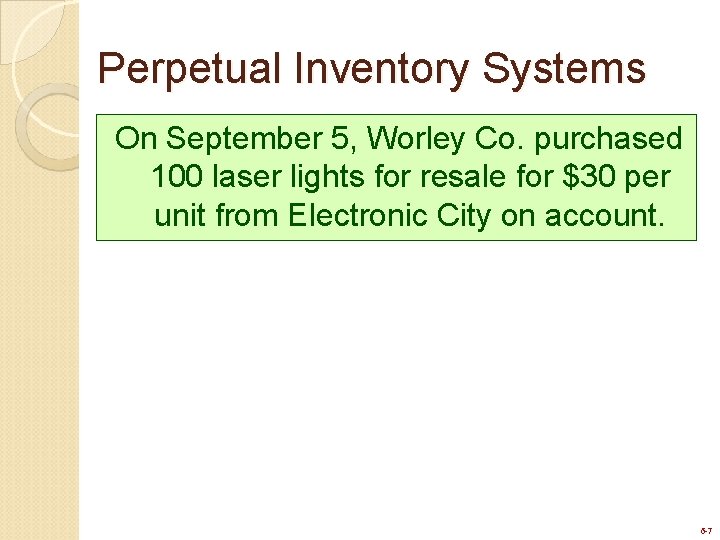 Perpetual Inventory Systems On September 5, Worley Co. purchased 100 laser lights for resale