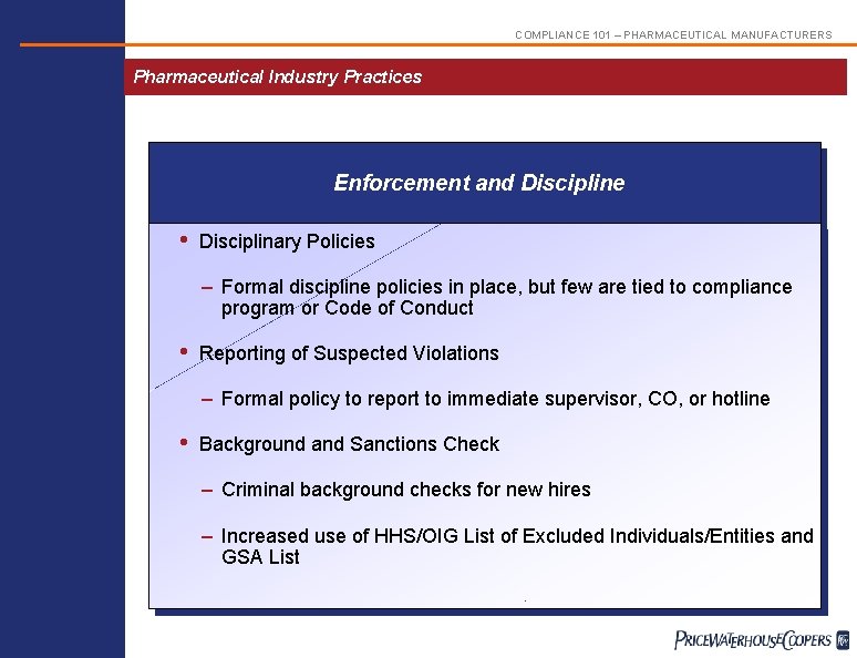 COMPLIANCE 101 – PHARMACEUTICAL MANUFACTURERS Pharmaceutical Industry Practices Enforcement and Discipline • Disciplinary Policies