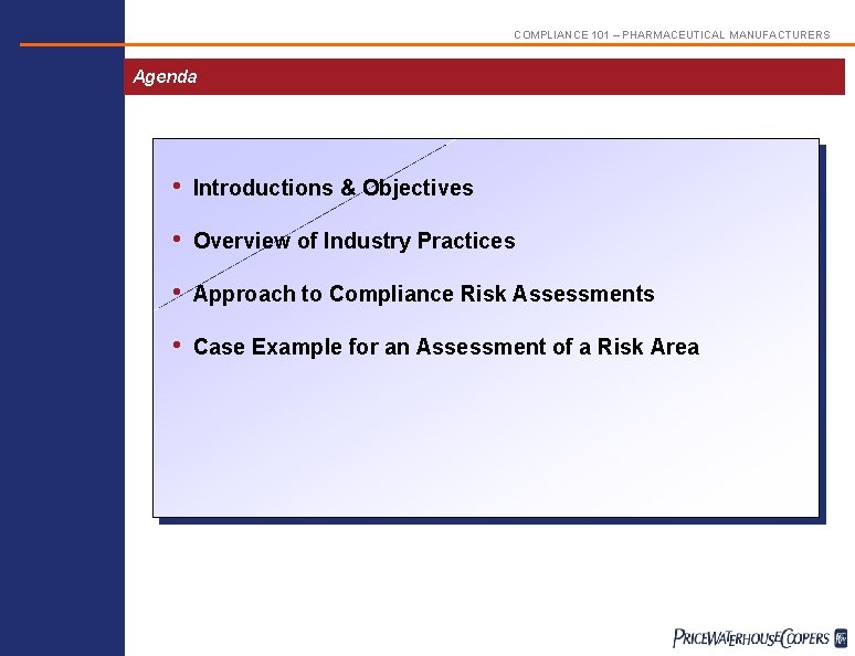 COMPLIANCE 101 – PHARMACEUTICAL MANUFACTURERS Agenda • Introductions & Objectives • Overview of Industry