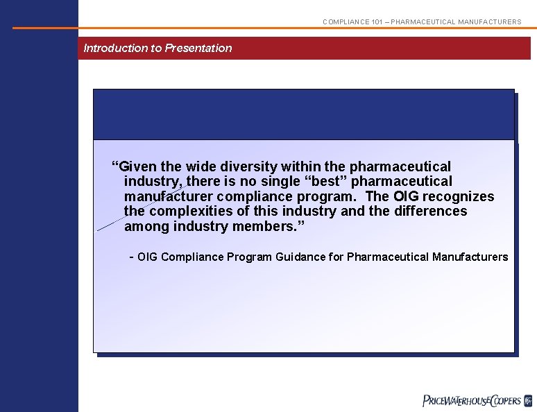 COMPLIANCE 101 – PHARMACEUTICAL MANUFACTURERS Introduction to Presentation “Given the wide diversity within the