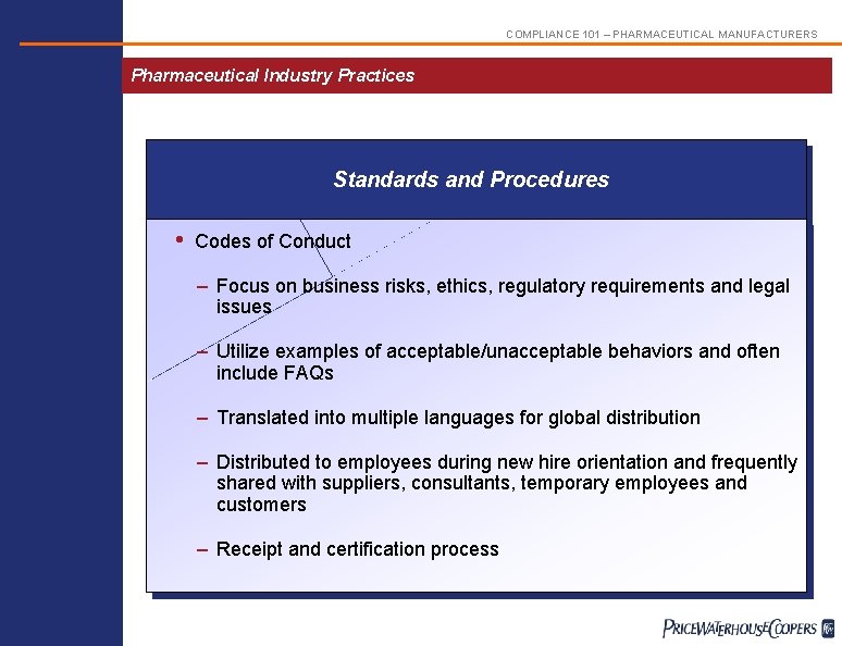 COMPLIANCE 101 – PHARMACEUTICAL MANUFACTURERS Pharmaceutical Industry Practices Standards and Procedures • Codes of