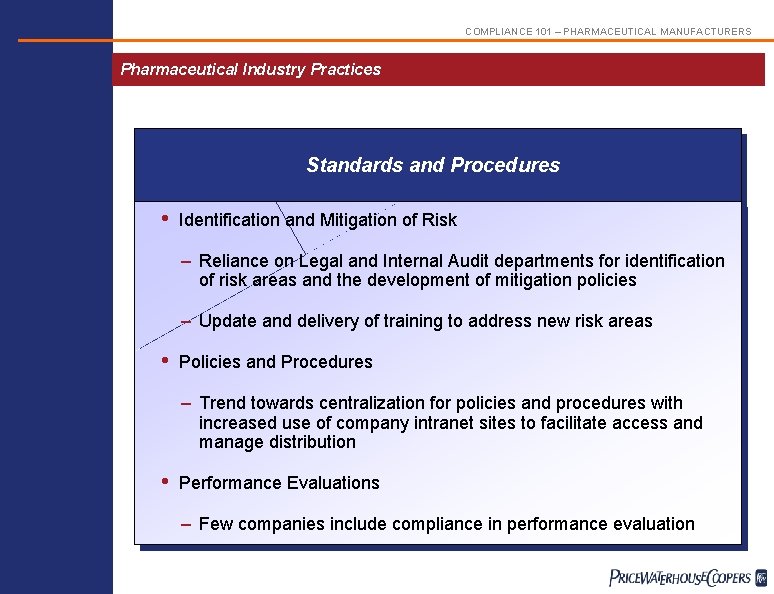 COMPLIANCE 101 – PHARMACEUTICAL MANUFACTURERS Pharmaceutical Industry Practices Standards and Procedures • Identification and