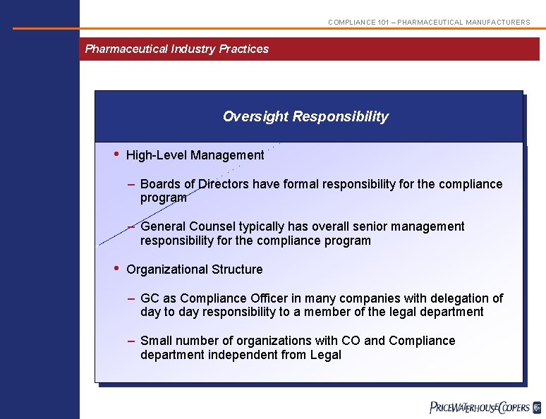 COMPLIANCE 101 – PHARMACEUTICAL MANUFACTURERS Pharmaceutical Industry Practices Oversight Responsibility • High-Level Management –