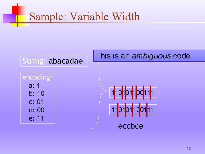 Sample: Variable Width String: abacadae encoding: a: 1 b: 10 c: 01 d: 00