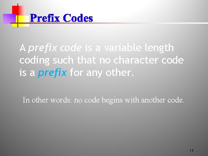 A prefix code is a variable length coding such that no character code is