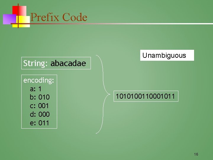 Prefix Code String: abacadae encoding: a: 1 b: 010 c: 001 d: 000 e: