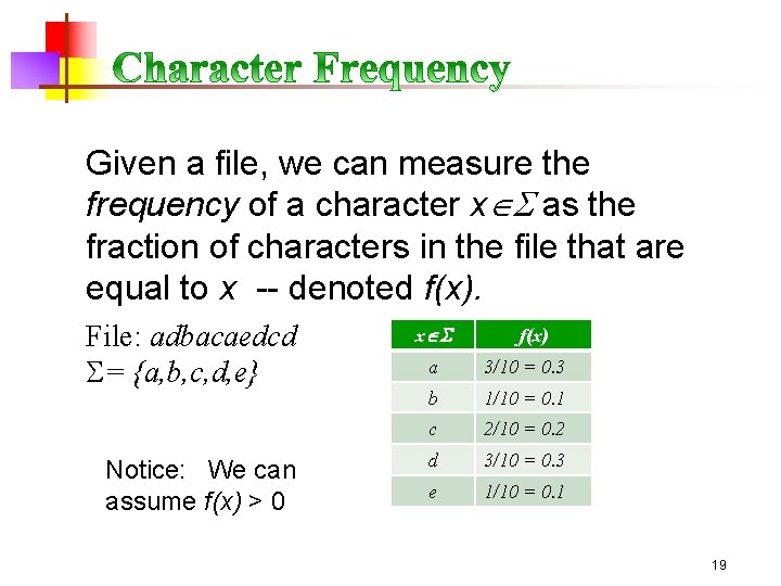 Given a file, we can measure the frequency of a character x as the