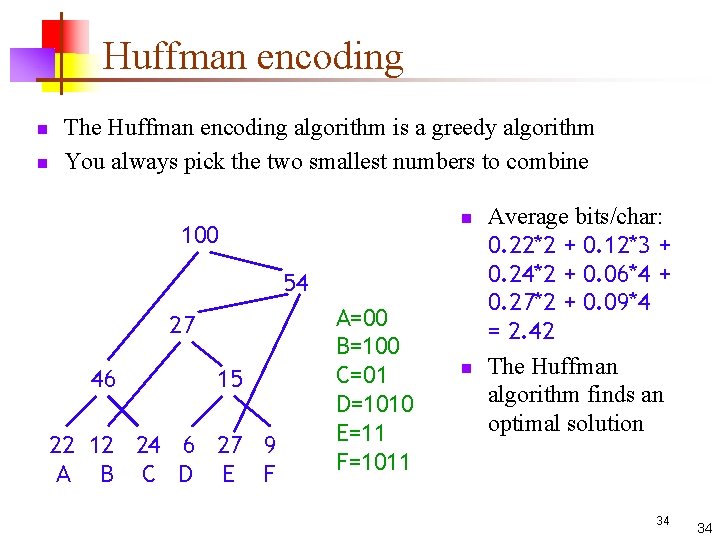 Huffman encoding n n The Huffman encoding algorithm is a greedy algorithm You always