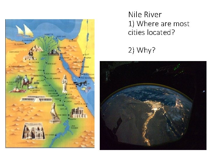 Nile River 1) Where are most cities located? 2) Why? 