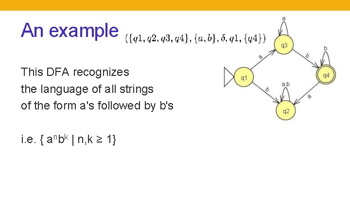 An example This DFA recognizes the language of all strings of the form a's An example This DFA recognizes the language of all strings of the form a's