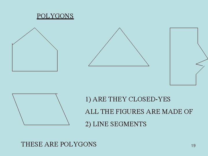 POLYGONS 1) ARE THEY CLOSED-YES ALL THE FIGURES ARE MADE OF 2) LINE SEGMENTS