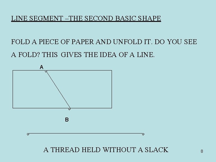 LINE SEGMENT –THE SECOND BASIC SHAPE FOLD A PIECE OF PAPER AND UNFOLD IT.