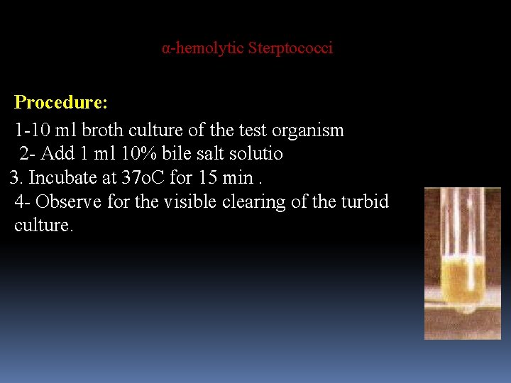 α-hemolytic Sterptococci Procedure: 1 -10 ml broth culture of the test organism 2 -