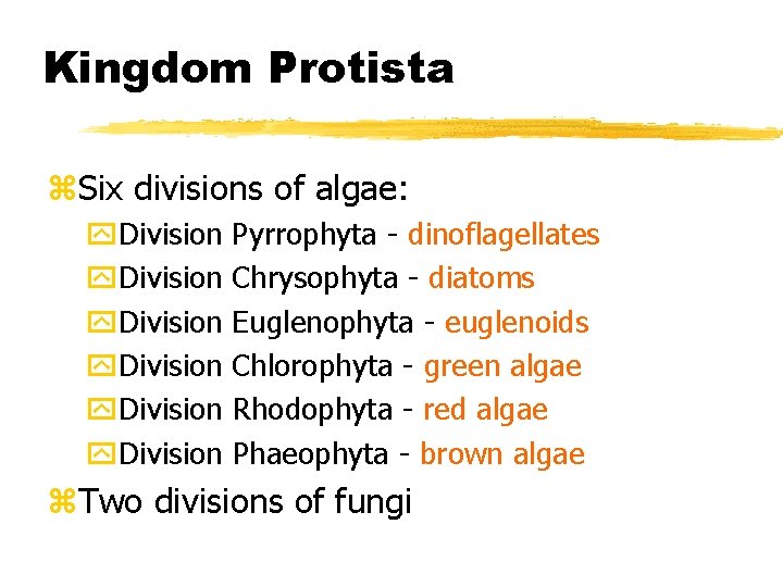 Kingdom Protista z. Six divisions of algae: y. Division Pyrrophyta - dinoflagellates Chrysophyta - Kingdom Protista z. Six divisions of algae: y. Division Pyrrophyta - dinoflagellates Chrysophyta -
