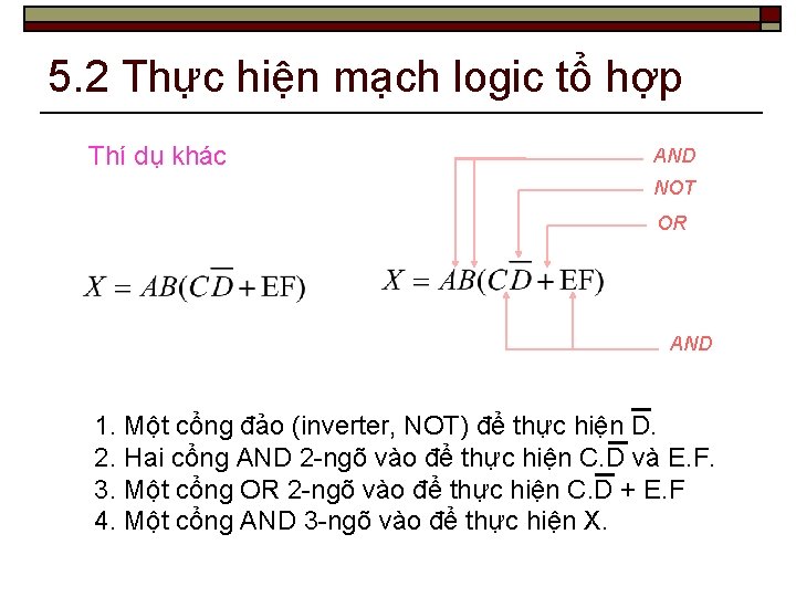 5. 2 Thực hiện mạch logic tổ hợp Thí dụ khác AND NOT OR