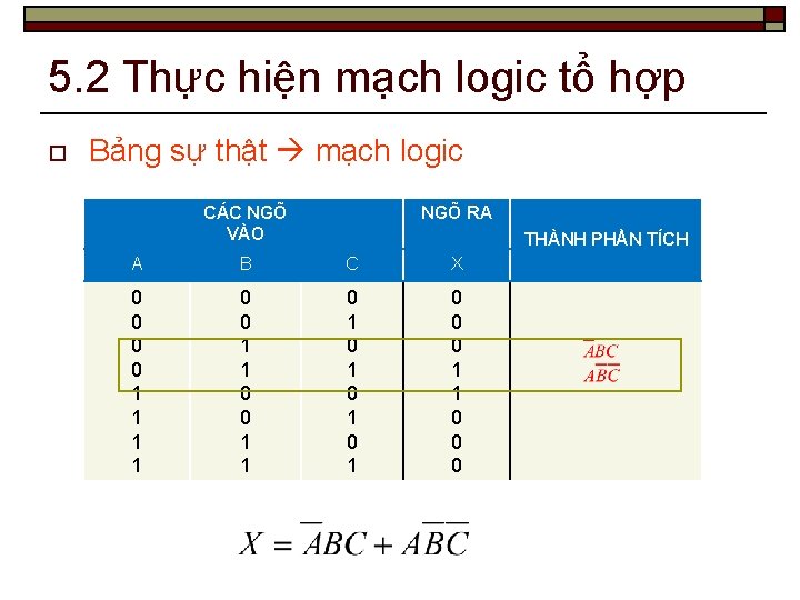 5. 2 Thực hiện mạch logic tổ hợp o Bảng sự thật mạch logic