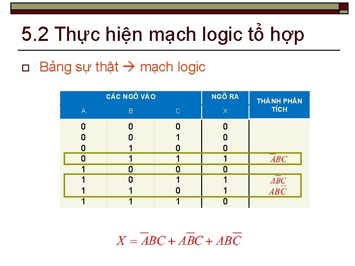 5. 2 Thực hiện mạch logic tổ hợp o Bảng sự thật mạch logic