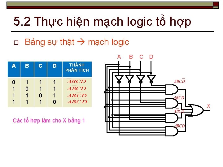 5. 2 Thực hiện mạch logic tổ hợp o Bảng sự thật mạch logic