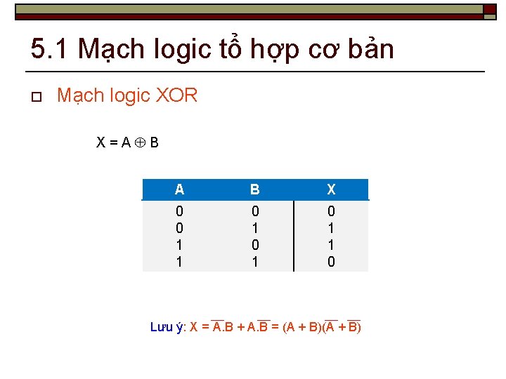 5. 1 Mạch logic tổ hợp cơ bản o Mạch logic XOR X=A B