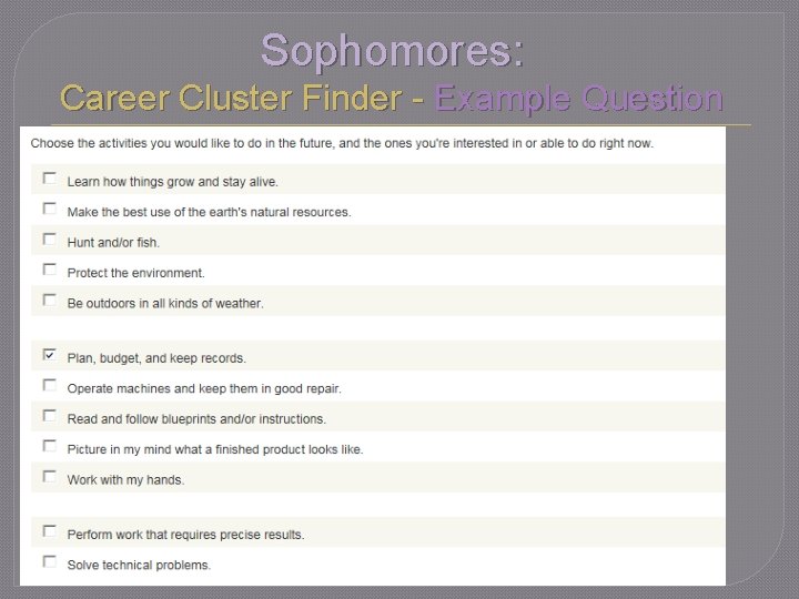 Sophomores: Career Cluster Finder - Example Question 