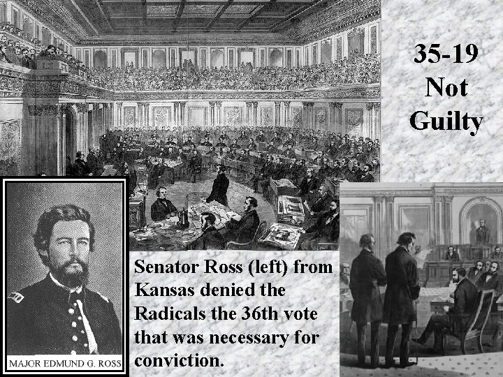 35 -19 Not Guilty Senator Ross (left) from Kansas denied the Radicals the 36